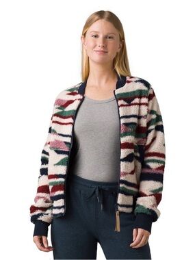 Prana Multicolor Sherpa Bomber Jacket in Cream, Navy, Green & Burgundy
